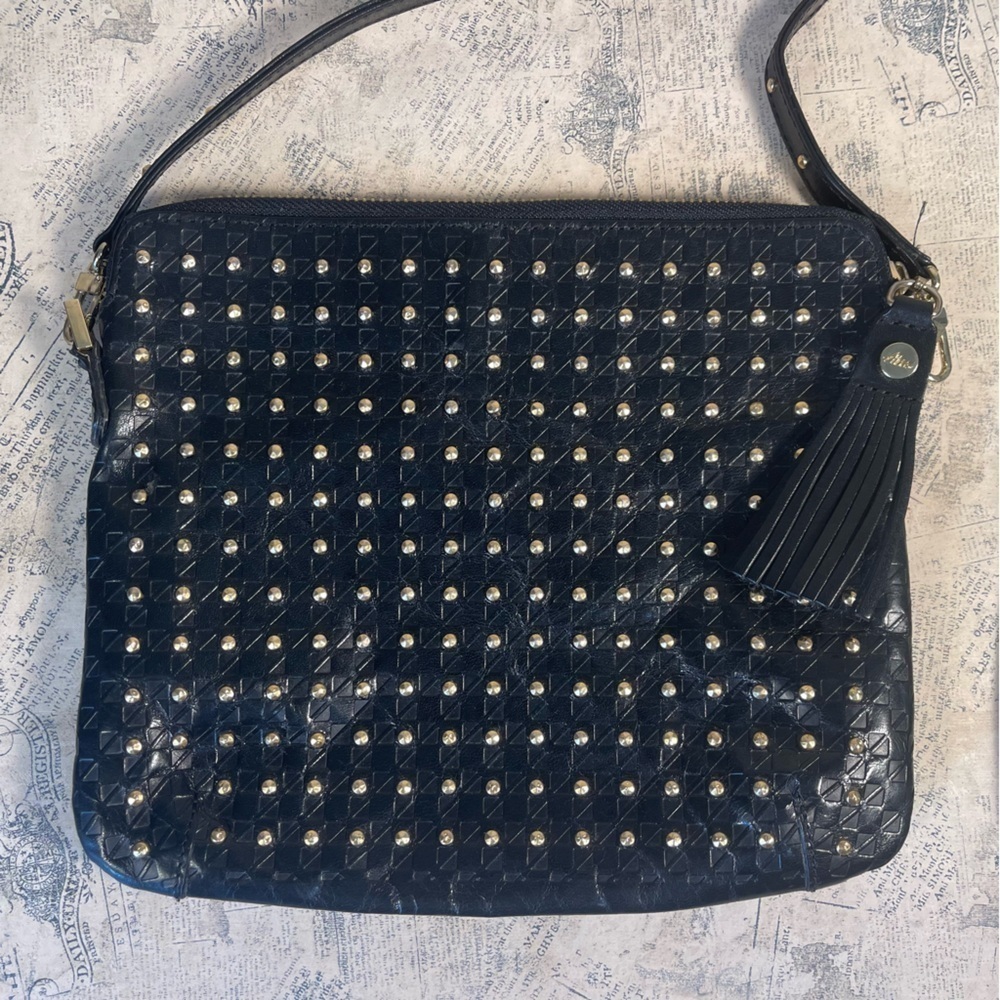 Abas Genuine Leather Studded Crossbody Bag Black Rocker Boho Style
